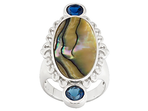 24x12mm Oval Abalone Shell With 1.03ctw Round London Blue Topaz Sterling Silver Ring - Size 5