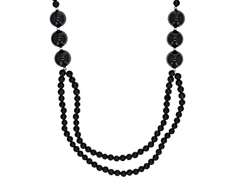 Round Black Onyx Multi-Strand Bead Sterling Silver Necklace - Size 28