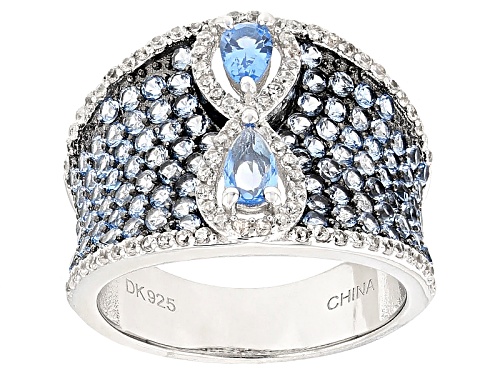 1.94ctw Pear Shape And Round Lab Created Blue Spinel With .57ctw Round White Zircon Silver Ring - Size 7