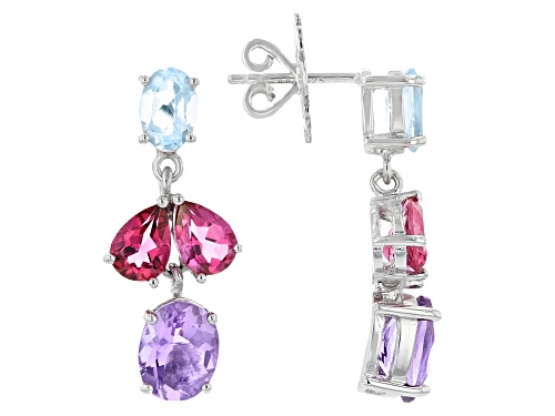 Rachel Roy Jewelry, 7.32ctw Amethyst, Sky Blue and Pink Topaz Rhodium Over Silver Earrings