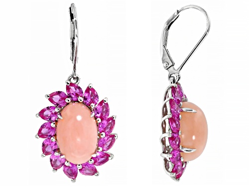 12x8m Pink Opal With 3.97ctw Lab Created Pink Sapphire Rhodium Over Sterling Silver Earrings