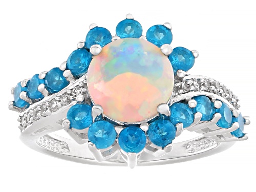1.08ct Ethiopian Opal with 1.00ctw Neon Apatite & 0.16ctw White Zircon Rhodium Over Silver Ring - Size 8
