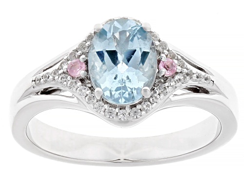 0.85ct Aquamarine with 0.01ctw Pink Spinel & 0.28ctw White Zircon Rhodium Over Sterling Silver Ring - Size 10