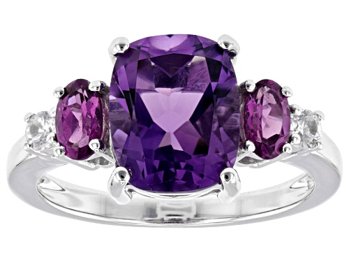 2.40ct Canela Amethyst with .54ctw Rhodolite & .07ctw White Zircon Rhodium Over Sterling Silver Ring - Size 10