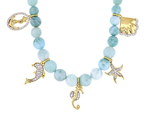 Round Larimar And 0.42ctw Lab Created Sapphire 18k Yellow Gold Over Sterling Silver Charm Necklace - Size 18