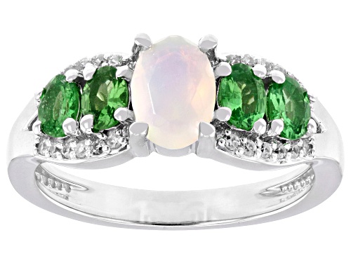 .40ct Ethiopian Opal with .68ctw Mint Tsavorite & .22ctw White Zircon Rhodium Over Silver Ring - Size 6