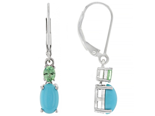 8x5mm Oval Sleeping Beauty Turquoise With 0.32ctw Tsavorite Rhodium Over Sterling Silver Earrings
