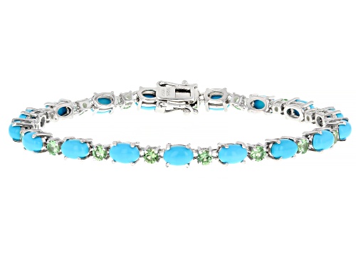 6x4mm Oval Cabochon Sleeping Beauty Turquoise With 1.72ctw Tsavorite Rhodium Over Silver Bracelet - Size 7.25