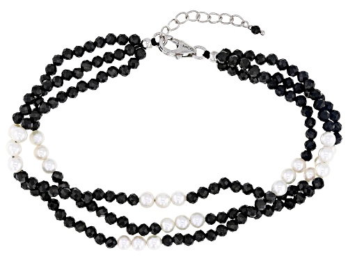 Black Spinel with Cultured Freshwater Pearl Rhodium Over Sterling Silver Bracelet - Size 7.5