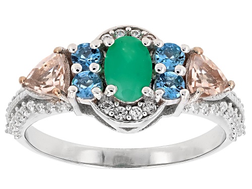 0.88ctw Emerald, Morganite, Santa Maria Aquamarine, and White Zircon Rhodium Over Silver Ring - Size 8