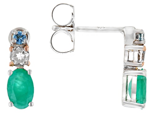 0.86ctw Zambian Emerald, Morganite, and Santa Maria Color Aquamarine Rhodium Over Silver Earrings