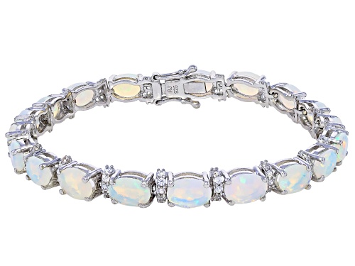 12.11ctw Ethiopian Opal with 1.28ctw White Zircon Rhodium Over Sterling Silver Tennis Bracelet - Size 7.5