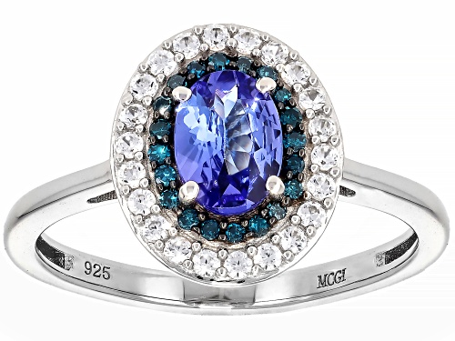 0.67ct Tanzanite with 0.21ctw White Zircon and 0.09ctw Blue Diamond Platinum Over Silver Ring - Size 9