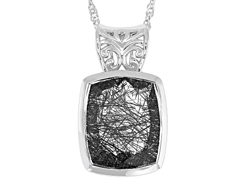 9.35ctw Black Tourmalinated Quartz Rhodium Over Sterling Silver Pendant With Chain