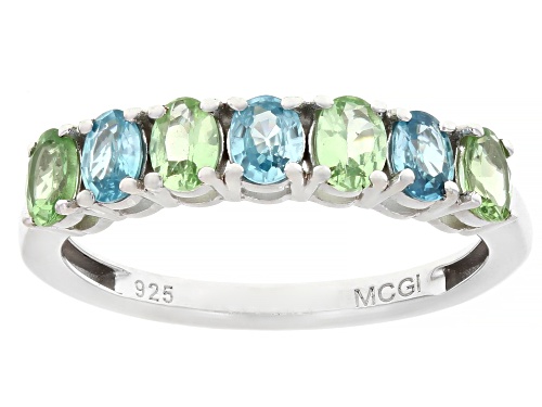 0.61ctw Blue Zircon with 0.63ctw Mint Tsavorite Rhodium Over Sterling Silver Ring - Size 8