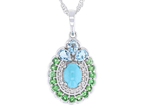 7x5mm Sleeping Beauty Turquoise with 0.95ctw Multi Gemstone Rhodium Over Silver Pendant/Chain