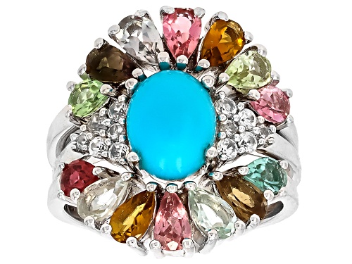 Sleeping Beauty Turquoise with 2.45ctw Multi Tourmaline & Zircon Platinum Over Silver Set/3 Rings - Size 9