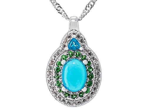 8x6mm Paraiba Opal With 0.63ctw Multi Gemstone Rhodium Over Sterling Silver Pendant With Chain