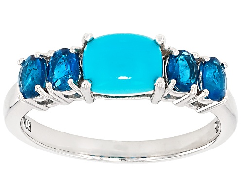 Sleeping Beauty Turquoise with 0.57ctw Neon Apatite Rhodium Over Sterling Silver Ring - Size 6