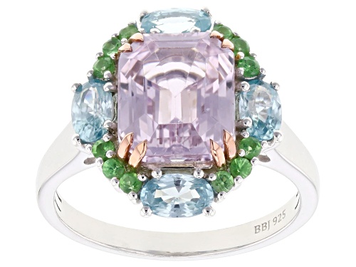 3.78ct Kunzite with 1.39ctw Blue Zircon & Tsavorite Rhodium & 18K Rose Gold Over Silver Ring - Size 10