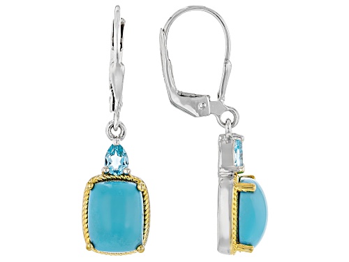 Sleeping Beauty Turquoise With 0.32ctw Swiss Blue Topaz Rhodium & 18K Gold Over Silver Earrings