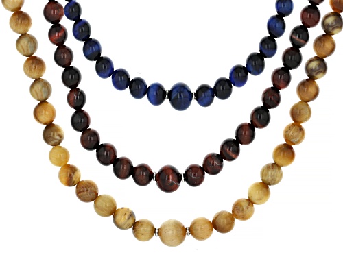 Red, Yellow, and Blue Tiger's Eye Rhodium Over Sterling Silver Stretchable Necklace Set Of 3 - Size 24