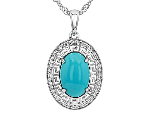12x8mm Sleeping Beauty Turquoise with 0.68ctw White Zircon Rhodium Over Silver Pendant with Chain
