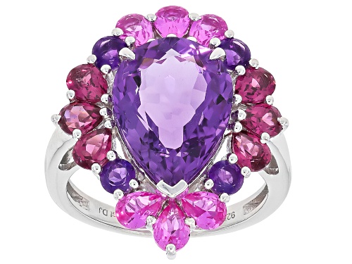 4.08ct Canela Amethyst with 2.30ctw Multi-Gemstone Rhodium Over Sterling Silver Ring - Size 7