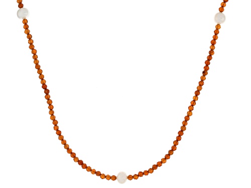 Hessonite Garnet With Cultured Freshwater Pearl Rhodium Over Sterling Silver Necklace - Size 18