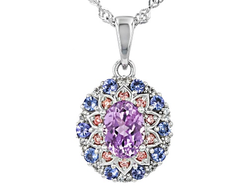 1.89ctw Kunzite with Tanzanite and Prazana® Lab Grown Diamonds Rhodium Over Silver Pendant/Chain