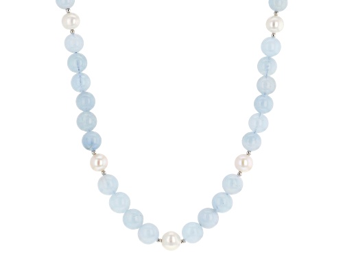 Aquamarine with Cultured Freshwater Pearl Rhodium Over Sterling Silver Beaded Necklace - Size 18