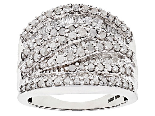 1.95ctw Round And Baguette White Diamond Rhodium Over Sterling Silver Ring - Size 5