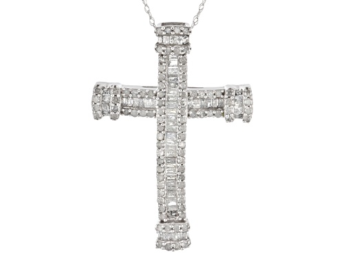1.30ctw Round And Baguette White Diamond 10k White Gold Cross Pendant With An 18inch Rope Chain