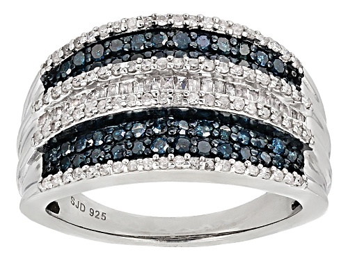 Blue Velvet Diamond™ .95ctw Round Blue & Round & Baguette White Diamond Rhodium Over Silver Ring - Size 5