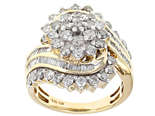 2.15ctw Round And Baguette White Diamond 10k Yellow Gold Cluster Cocktail Ring - Size 6