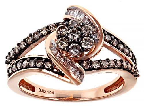 Photo of 0.70ctw Round Champagne And Baguette White Diamond 10k Rose Gold Open Design Ring - Size 6