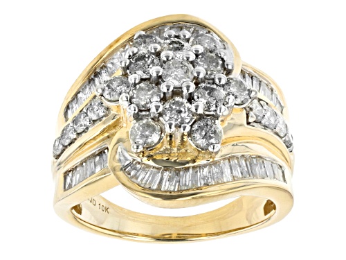 1.80ctw Baguette And Round White Diamond 10k Yellow Gold Cluster Bypass Ring - Size 7
