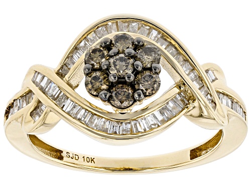 Photo of 0.90ctw Round Champagne Diamond And Baguette White Diamond 10k Yellow Gold Crossover Ring - Size 8