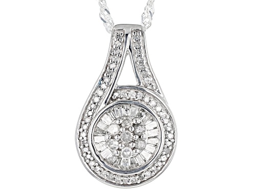 0.50ctw Baguette And Round White Diamond Platinum Over Sterling Silver Halo Pendant With 18" Chain