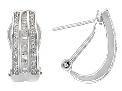 Photo of 0.50ctw Baguette And Round White Diamond Rhodium Over Sterling Silver J-Hoop Earrings
