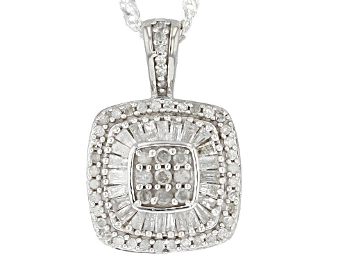 Photo of 0.60ctw Baguette And Round White Diamond Rhodium Over Sterling Silver Halo Pendant With 18" Chain