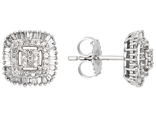 0.60ctw Baguette And Round White Diamond 10k White Gold Cluster Stud Earrings