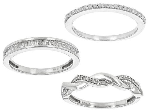 0.50ctw Baguette And Round White Diamond Rhodium Over Sterling Silver Set of 3 Band Rings - Size 6