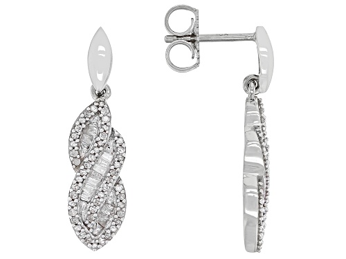 0.45ctw Baguette And Round White Diamond 10k White Gold Dangle Earrings