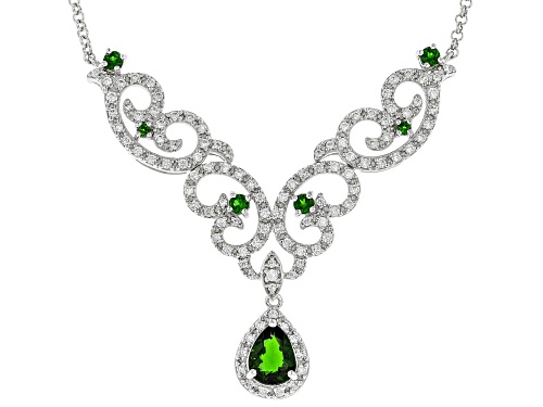 1.75CTW PEAR SHAPE & ROUND RUSSIAN CHROME DIOPSIDE, 2.07CTW ROUND WHITE ZIRCON SILVER NECKLACE - Size 18
