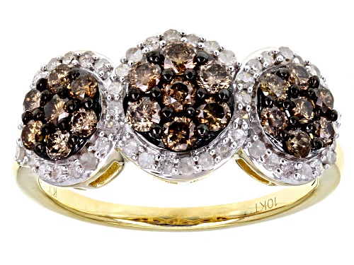 1.00ctw Round Champagne And White Diamond 10k Yellow Gold Cluster Ring - Size 7