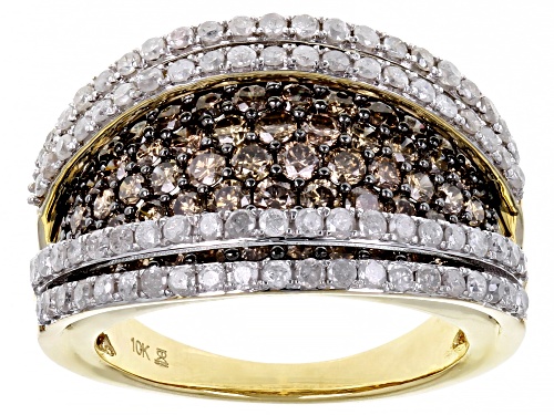 Photo of 2.50ctw Round Champagne And White Diamond 10k Yellow Gold Wide Band Ring - Size 7
