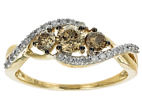 Photo of 0.81ctw Round Champagne And White Diamond 10k Yellow Gold 3-Stone Ring - Size 5