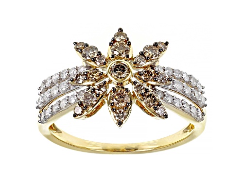Photo of 0.70ctw Round Champagne And White Diamond 10k Yellow Gold Cluster Ring - Size 6