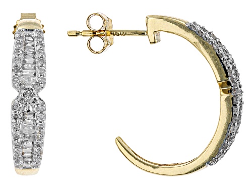 0.50ctw Baguette And Round White Diamond 10k Yellow Gold J-Hoop Earrings